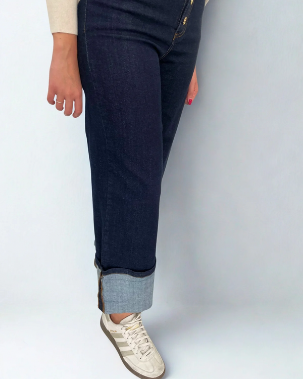 Jeans Palazzo Con Risvolto E Bottoni Oro